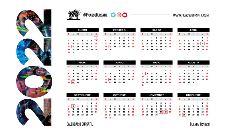 Calendario Bursátil 2022 para descargar y colgarlo en tu oficina. ARGENTINA, USA y mas 